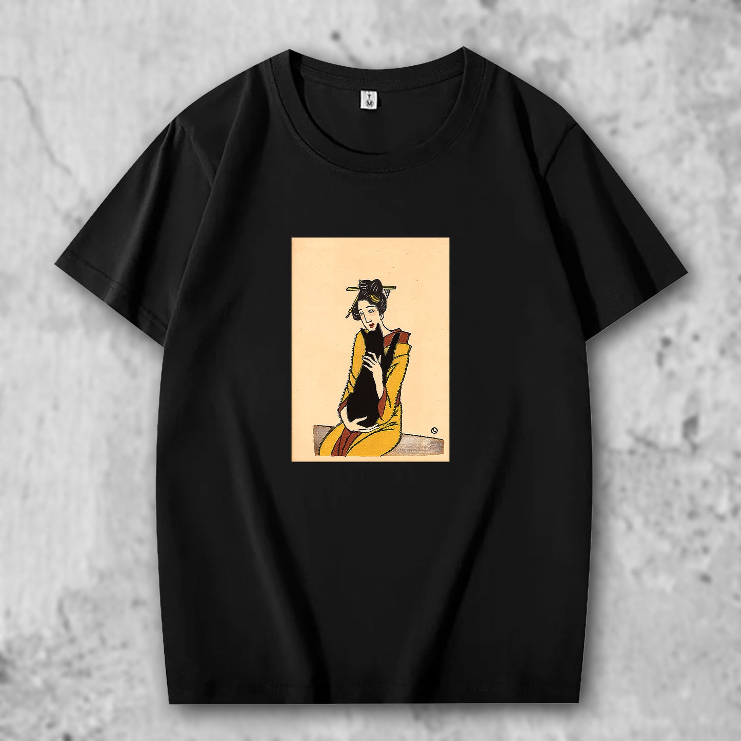 竹下夢二の絵がプリントされたTシャツのブラック