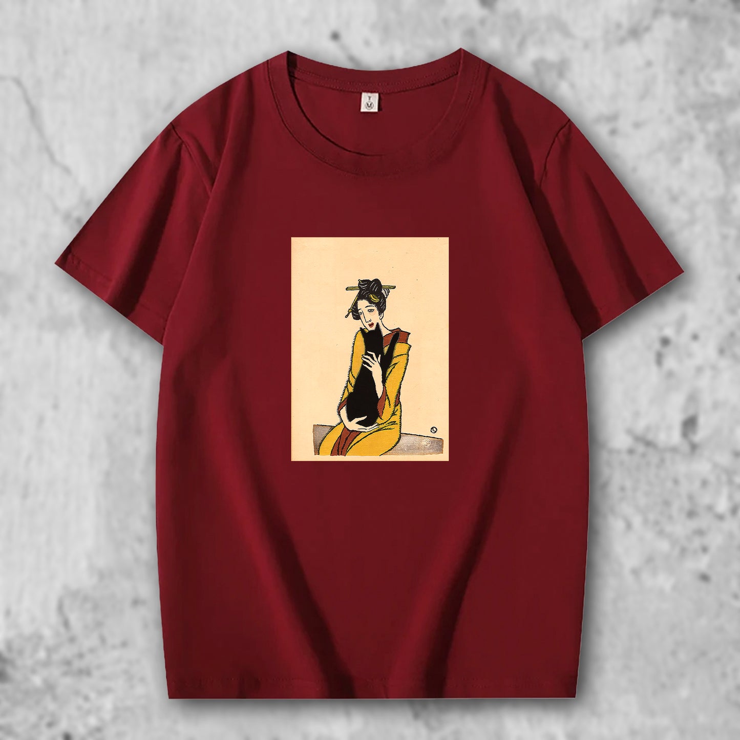 竹下夢二の絵がプリントされたTシャツのクリムゾンレッド