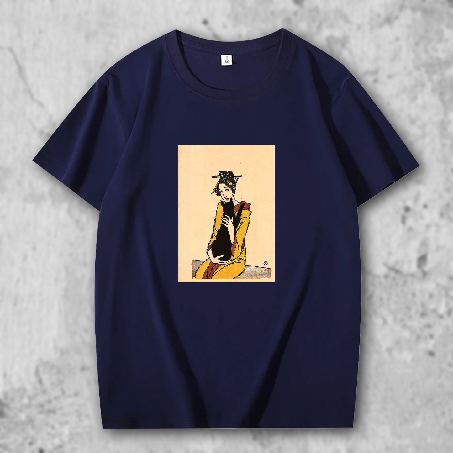 竹下夢二の絵がプリントされたTシャツのダークブルー