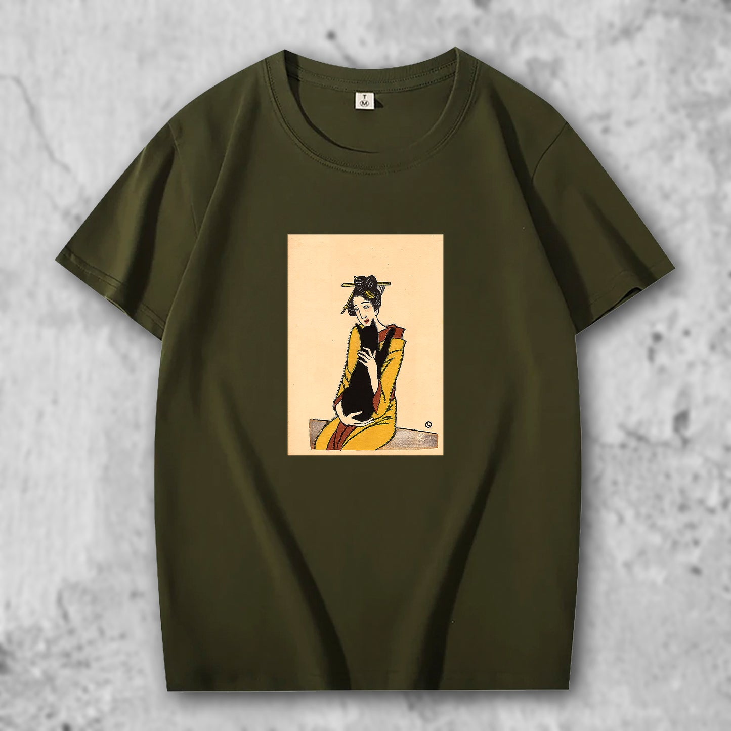 竹下夢二の絵がプリントされたTシャツのダークグリーン