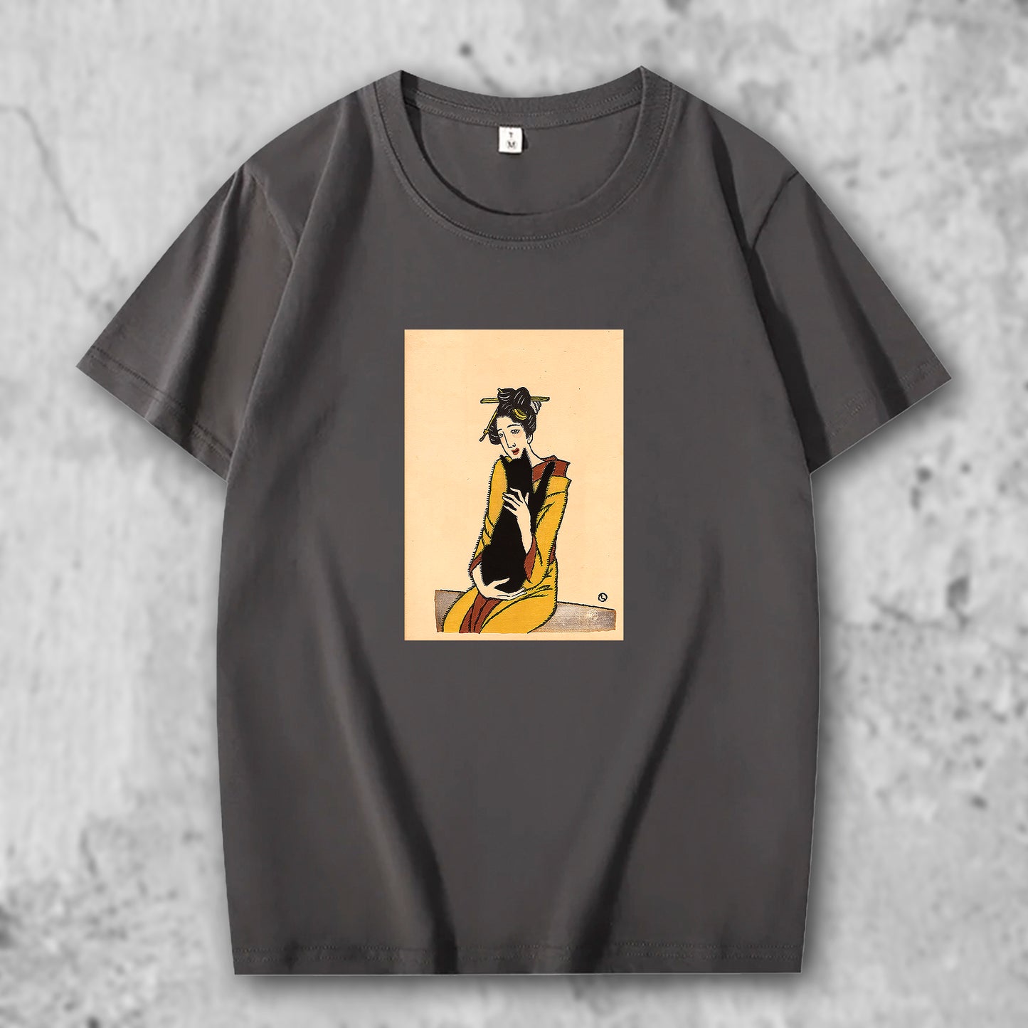 竹下夢二の絵がプリントされたTシャツのダークグレー