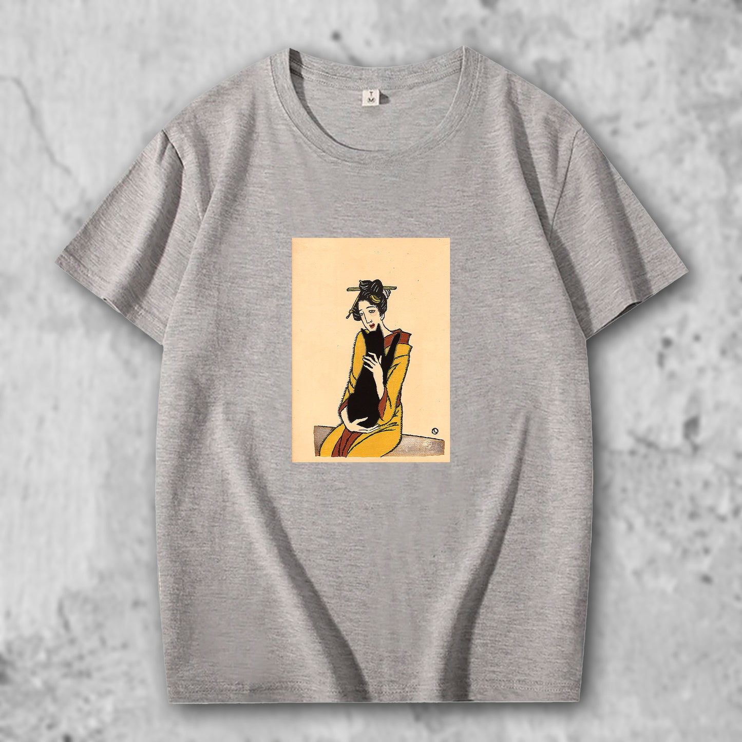 竹下夢二の絵がプリントされたTシャツのグレー
