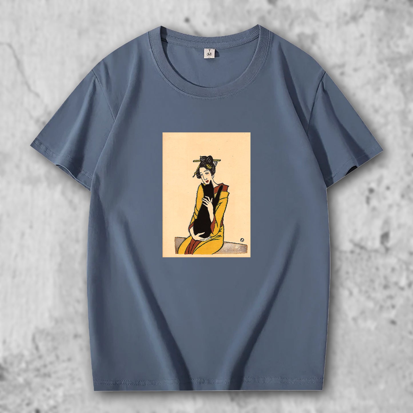 竹下夢二の絵がプリントされたTシャツのヘイズブルー