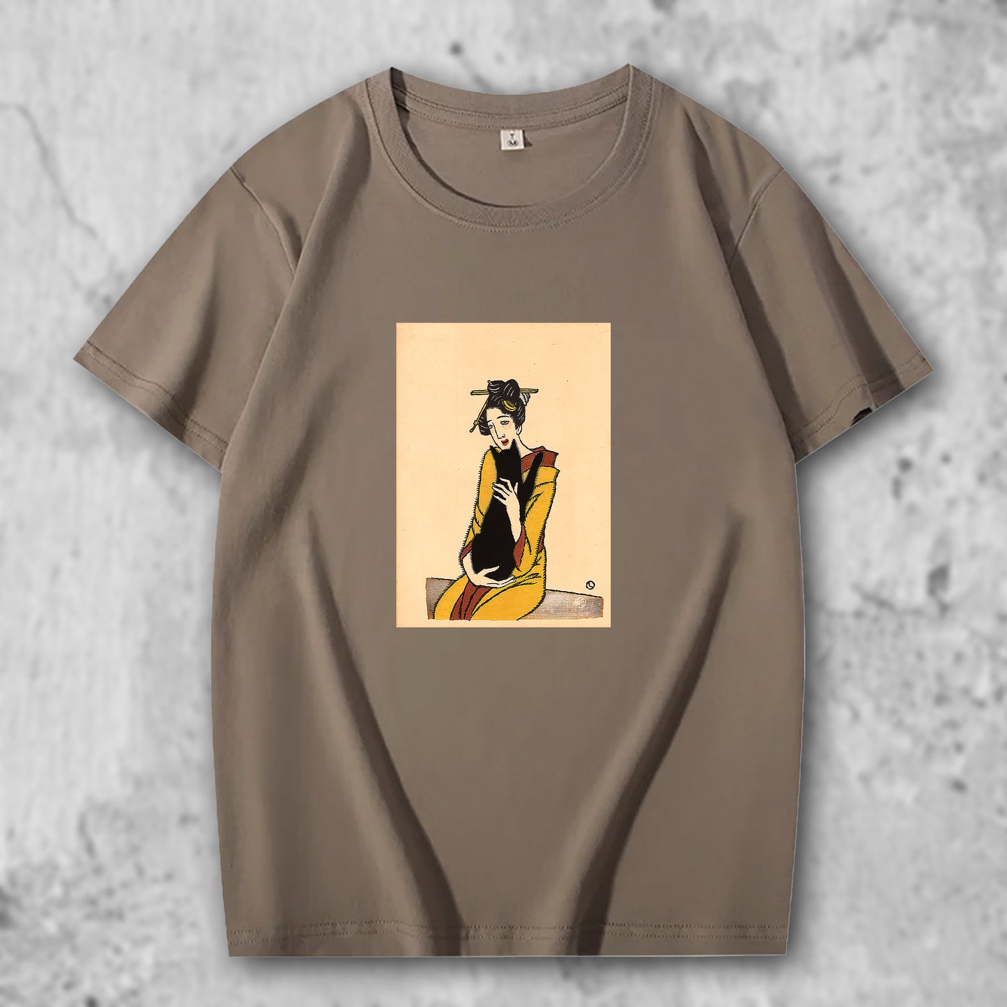 竹下夢二の絵がプリントされたTシャツのカーキ