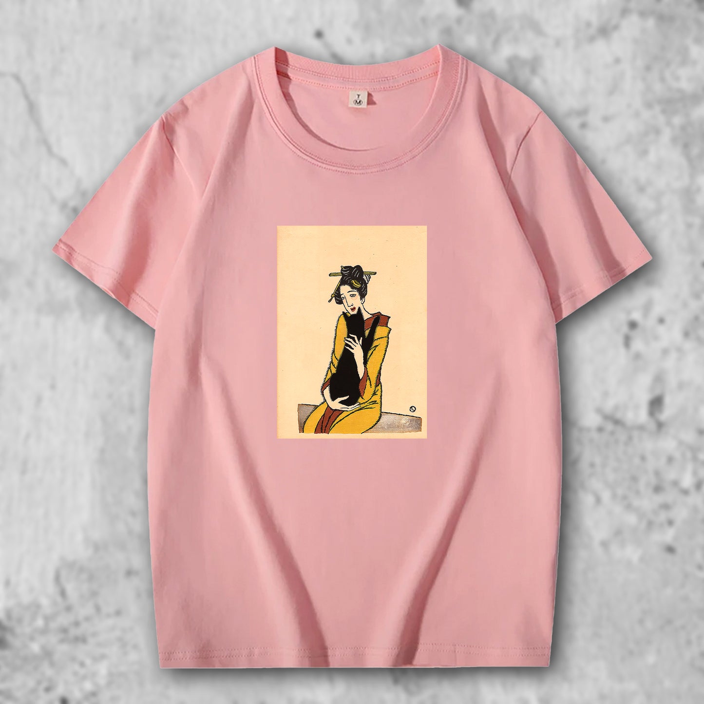 竹下夢二の絵がプリントされたTシャツのピンク