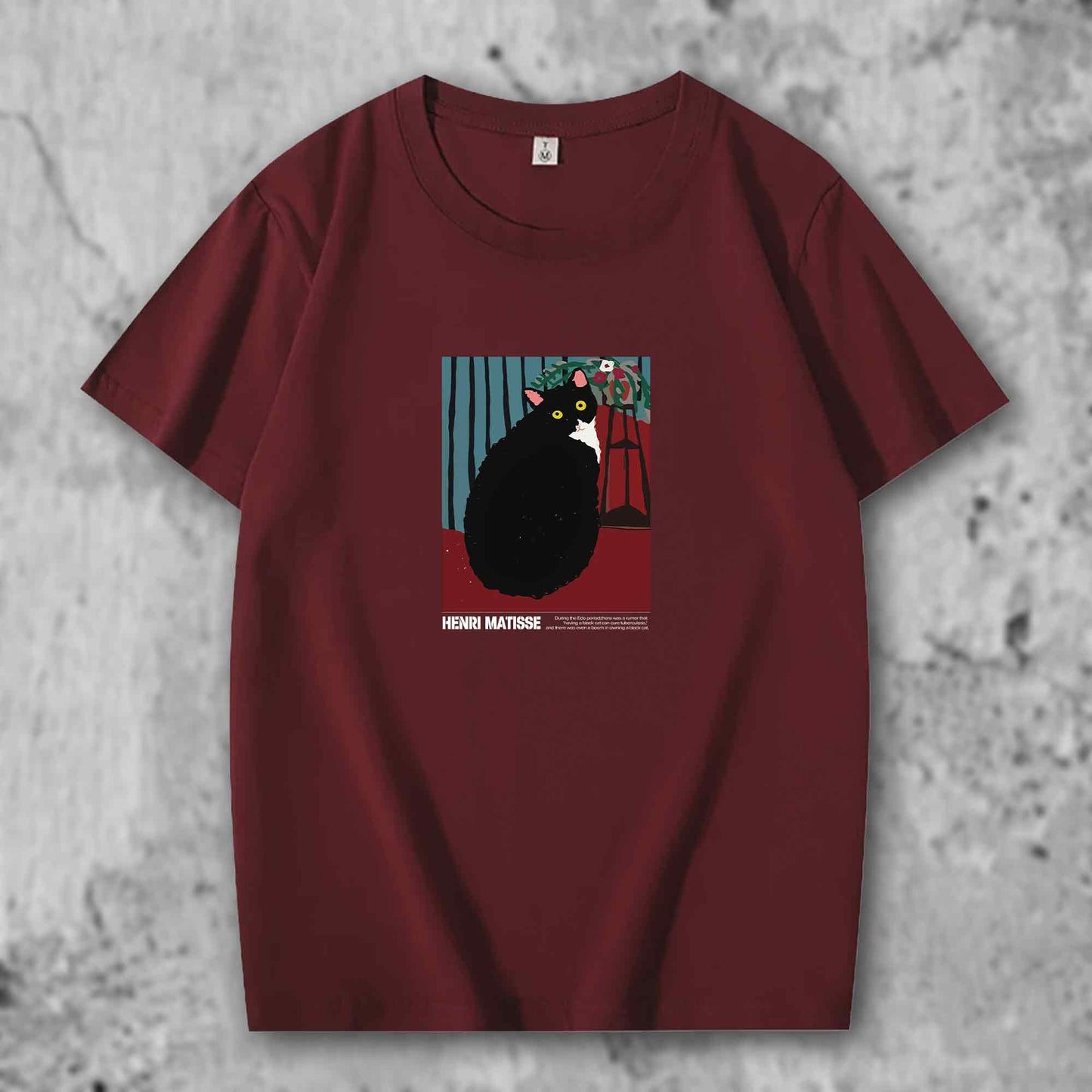 マティスの猫がプリントされたTシャツのクリムゾンレッド