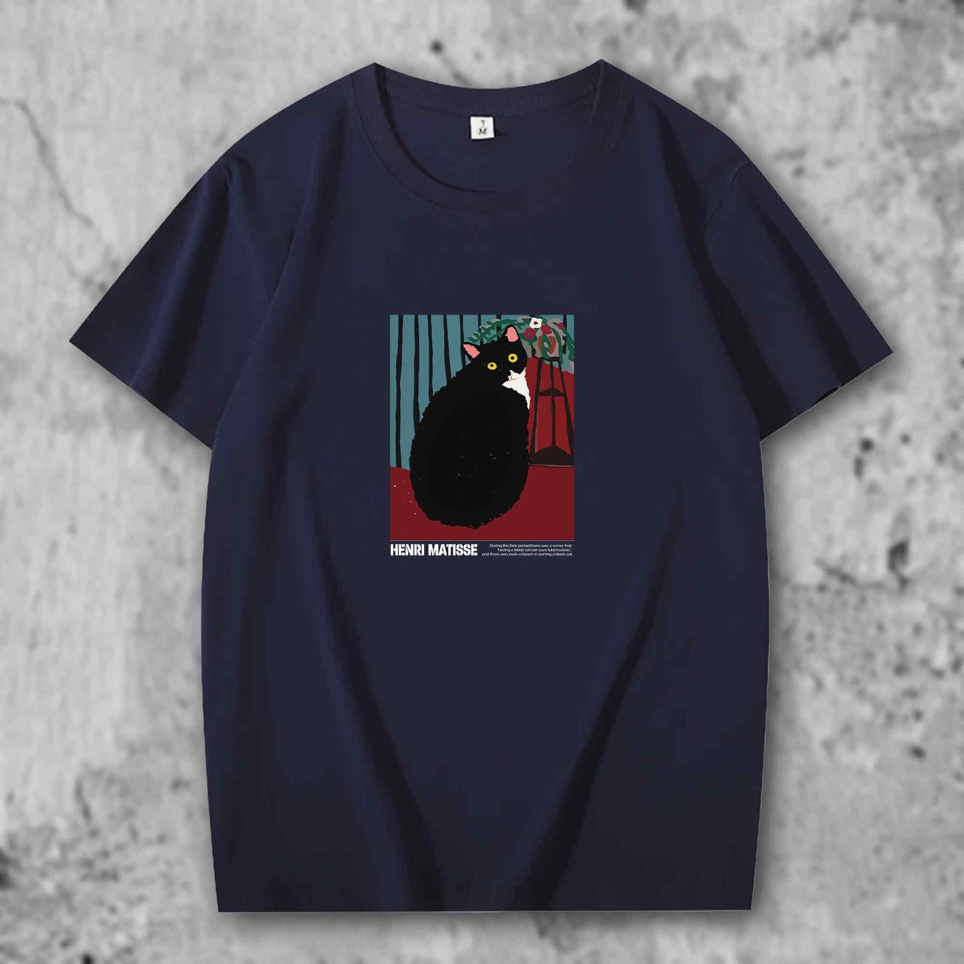マティスの猫がプリントされたTシャツのダークブルー