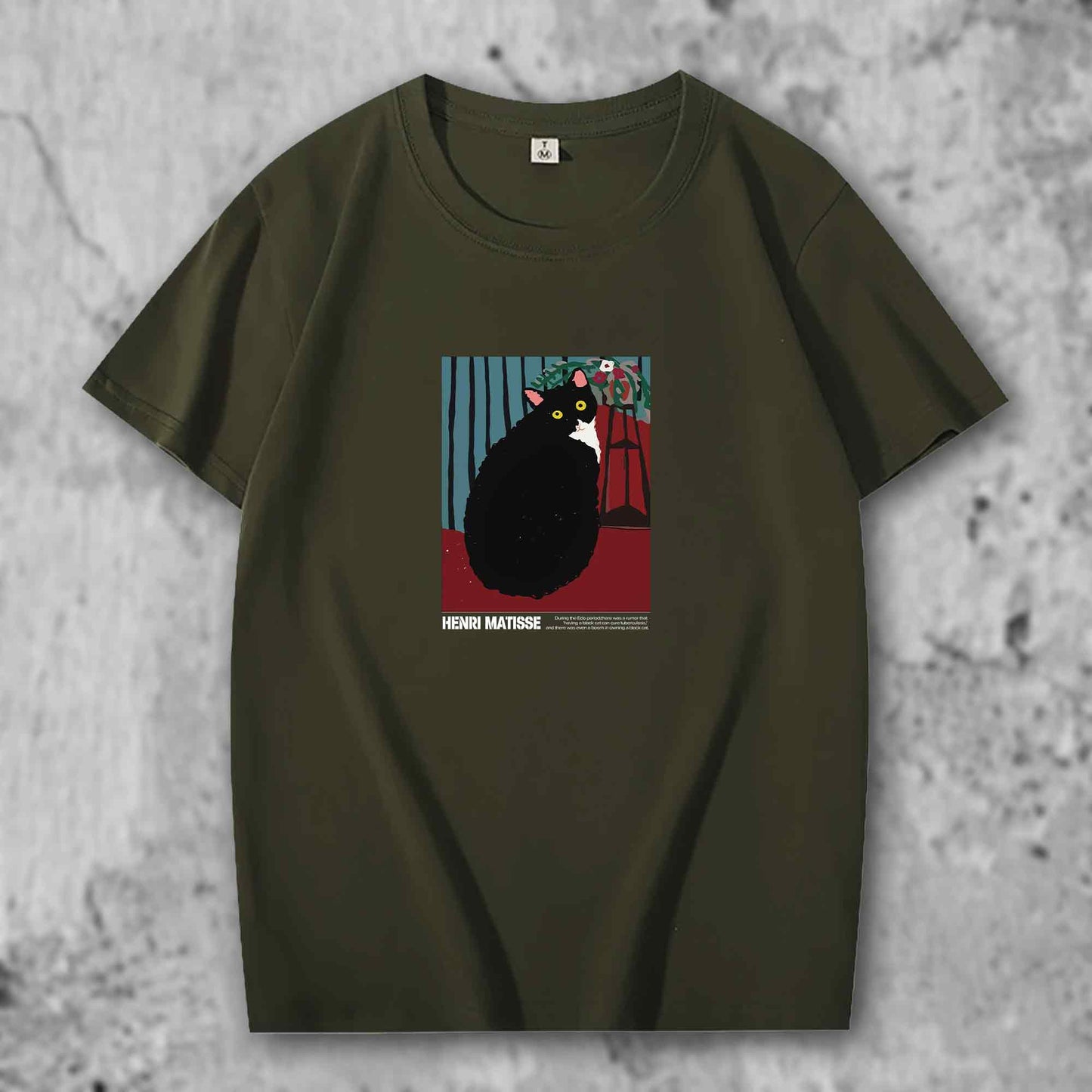 マティスの猫がプリントされたTシャツのダークグリーン