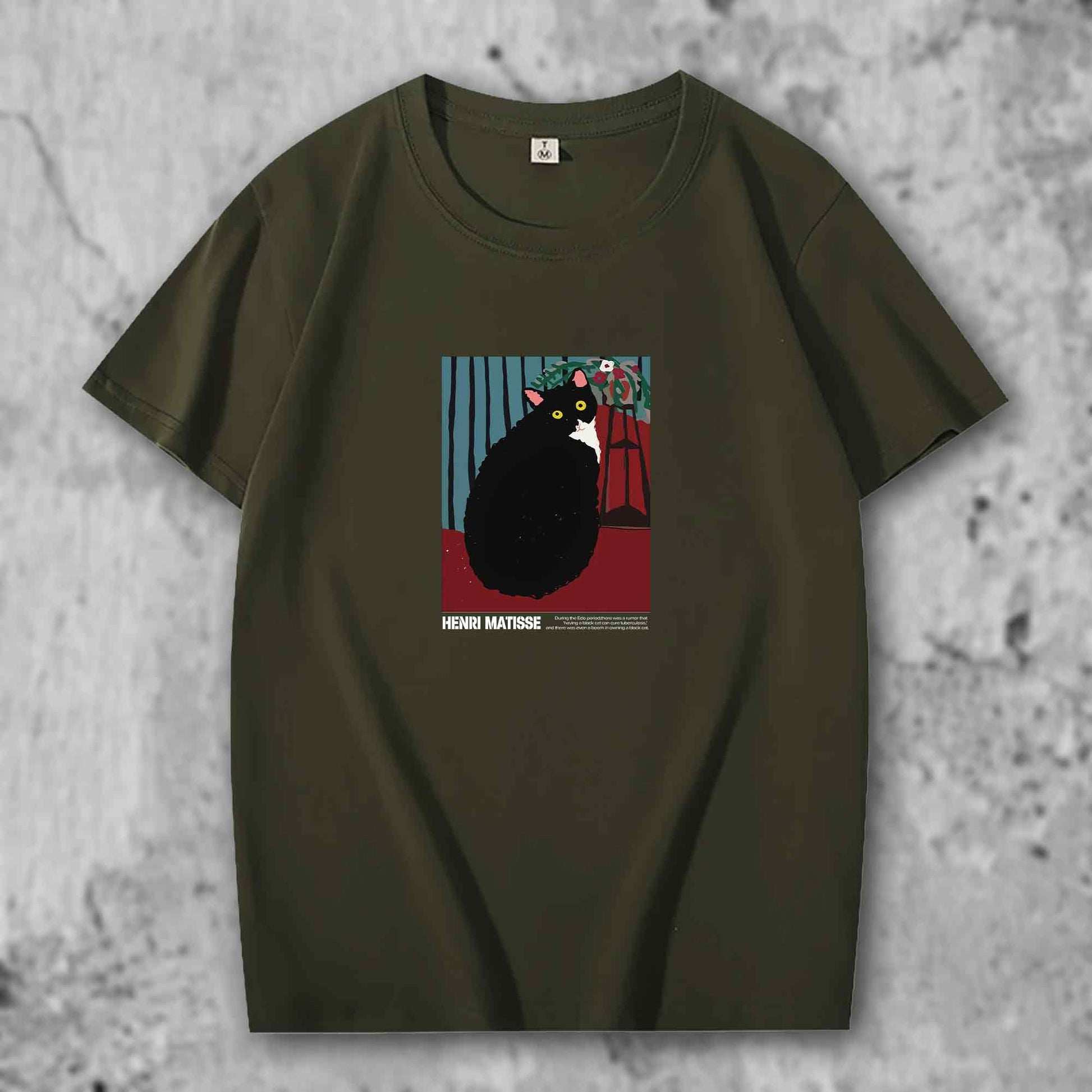 マティスの猫がプリントされたTシャツのダークグリーン