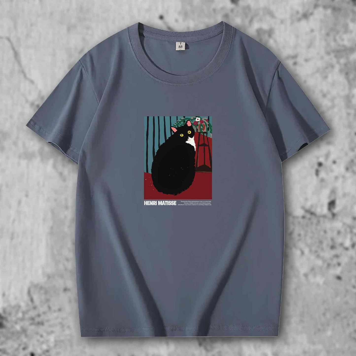 マティスの猫がプリントされたTシャツのヘイズブルー