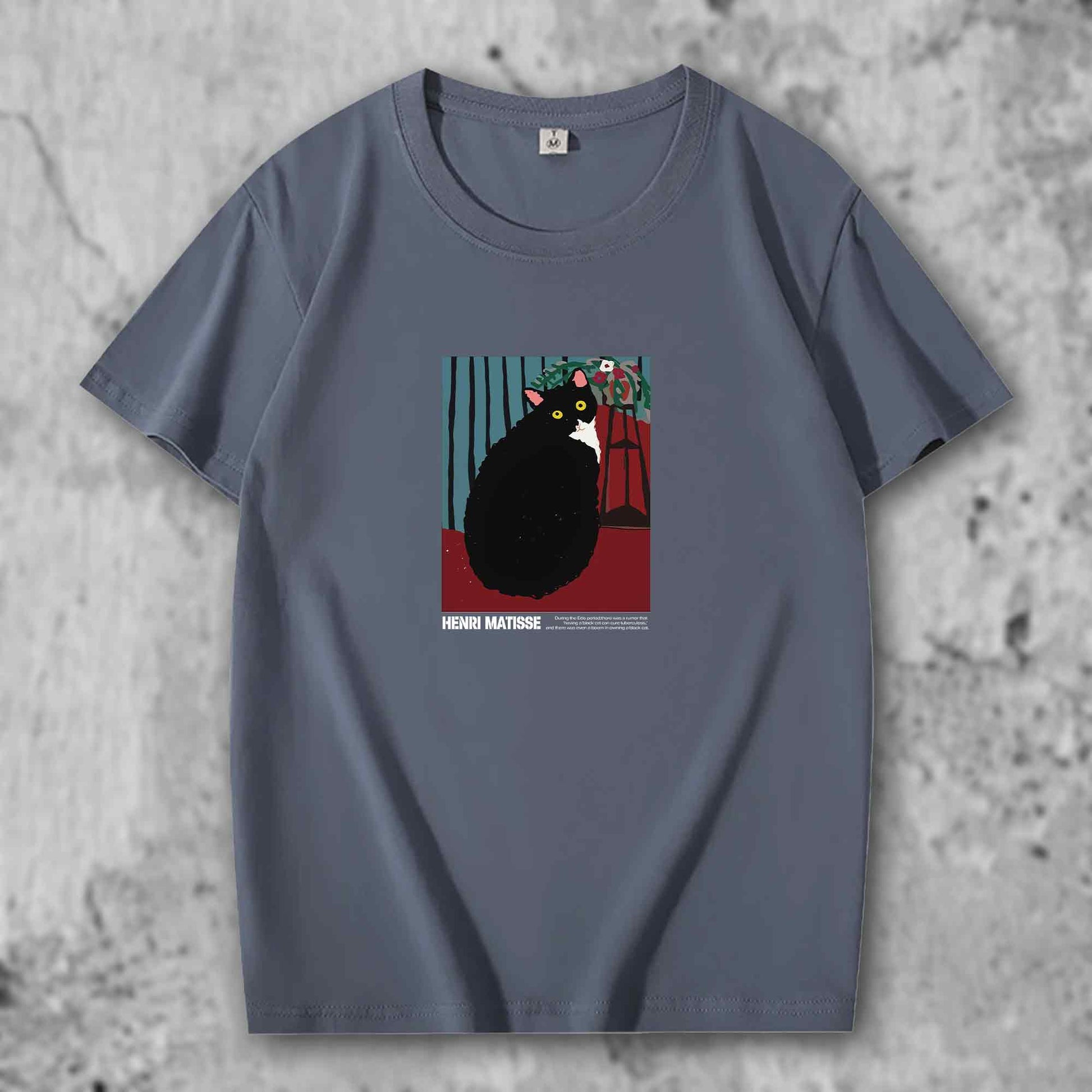 マティスの猫がプリントされたTシャツのヘイズブルー