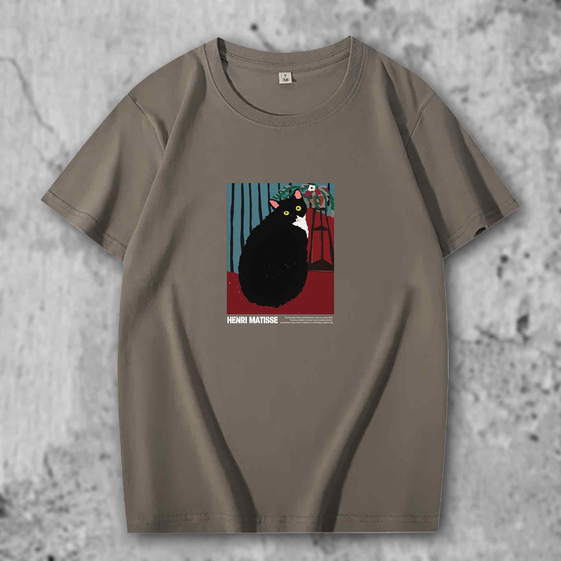 マティスの猫がプリントされたTシャツのカーキ