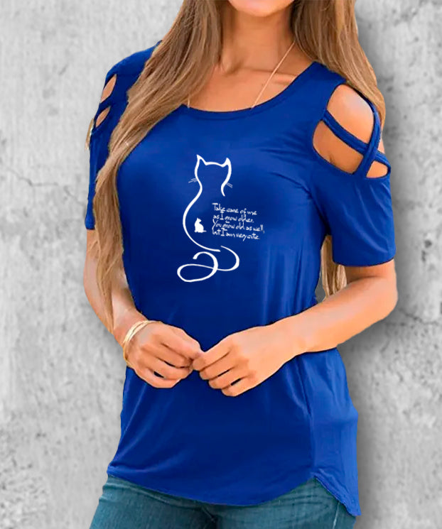 猫の十戒のイラストがプリントされたtシャツのブルー