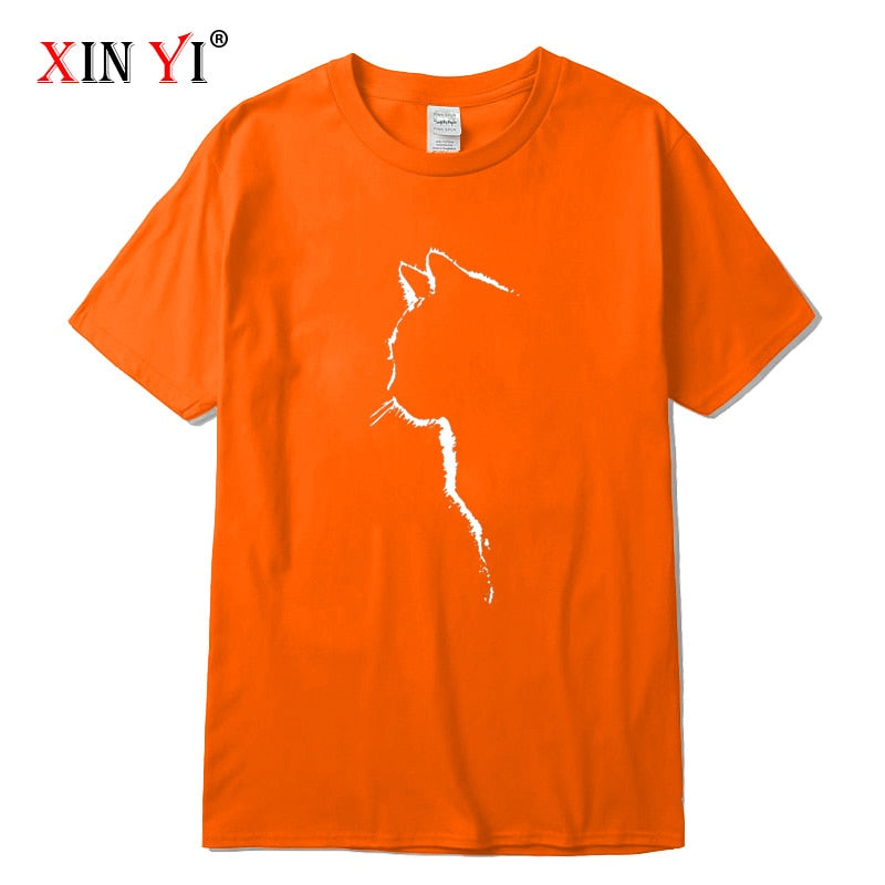 猫のイラストがプリントされたTシャツのオレンジ
