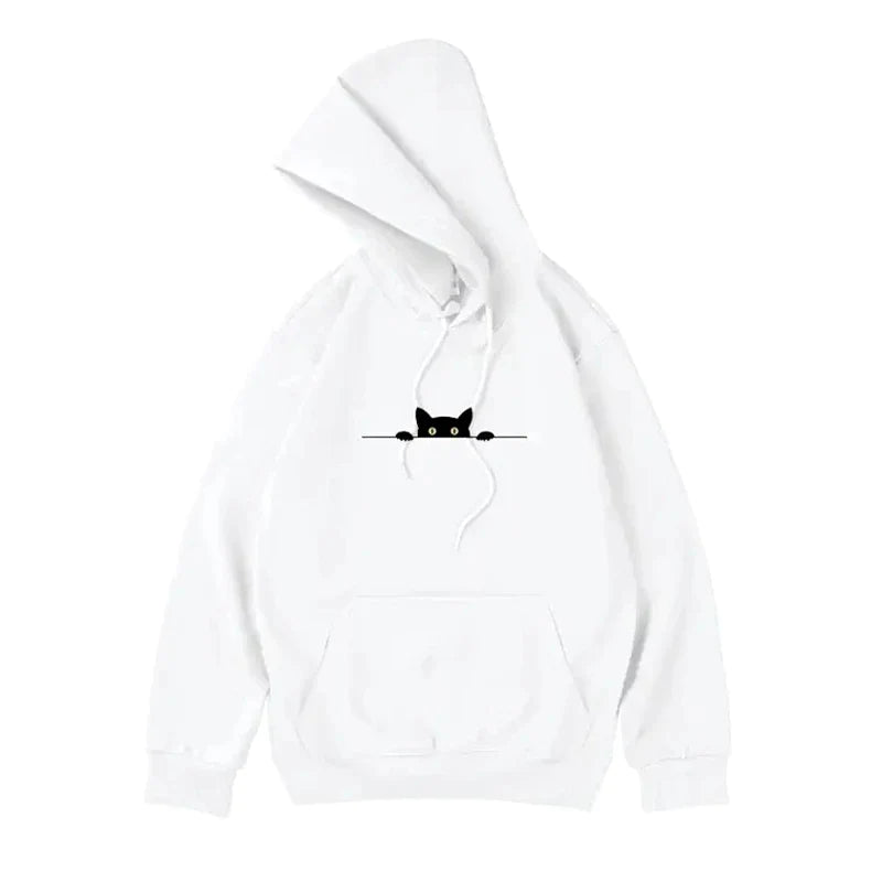 黒猫のイラストのパーカーの白