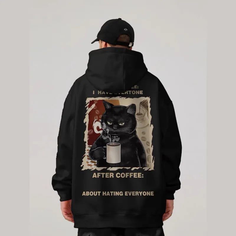 コーヒーを飲む猫のイラストのパーカーの黒バック