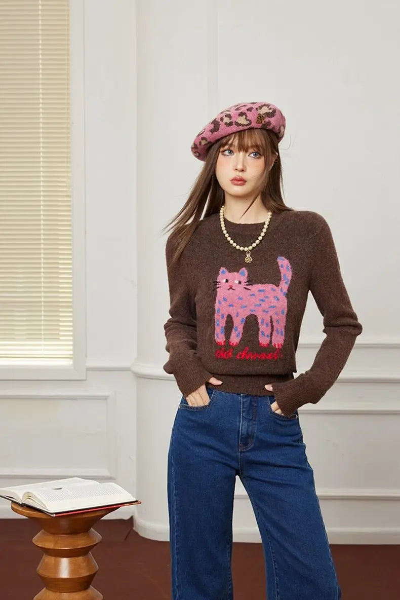 かわいい猫 ネコグッズ 猫Tシャツ 猫雑貨 猫パーカー 専門店 Y2Kテイスト ピンク猫セーター