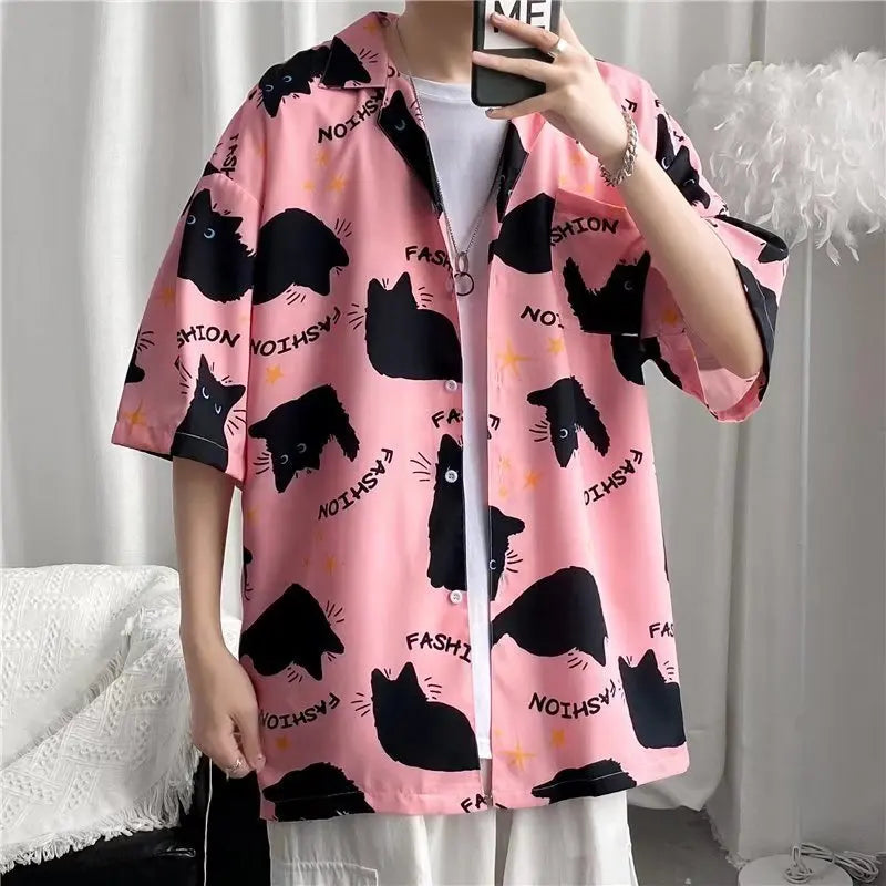 猫柄のアロハシャツのピンク