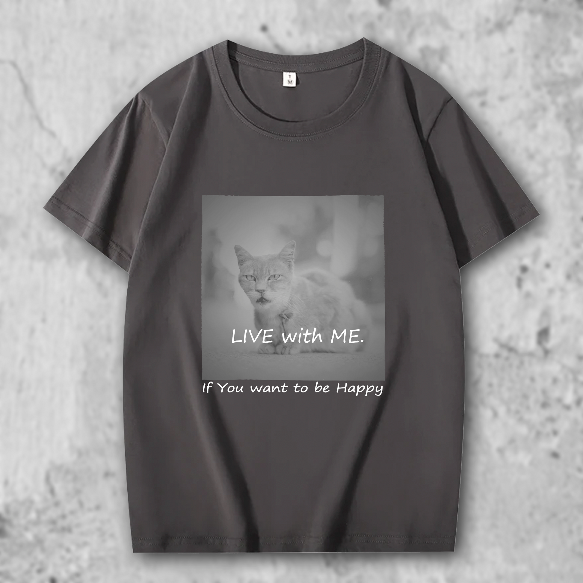 猫の写真がプリントされたTシャツのグレー