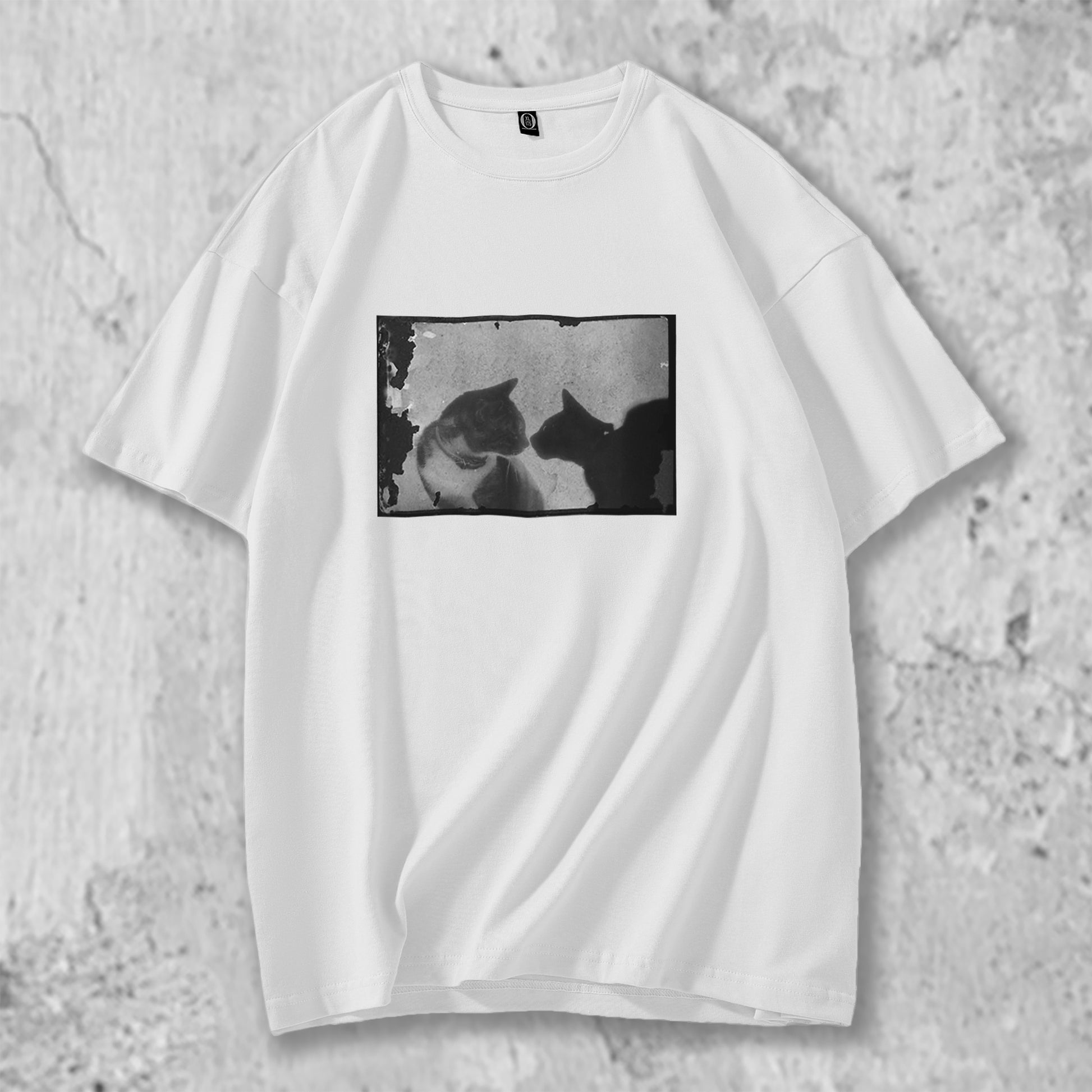 猫フォトがフロントにプリントされたTシャツの白