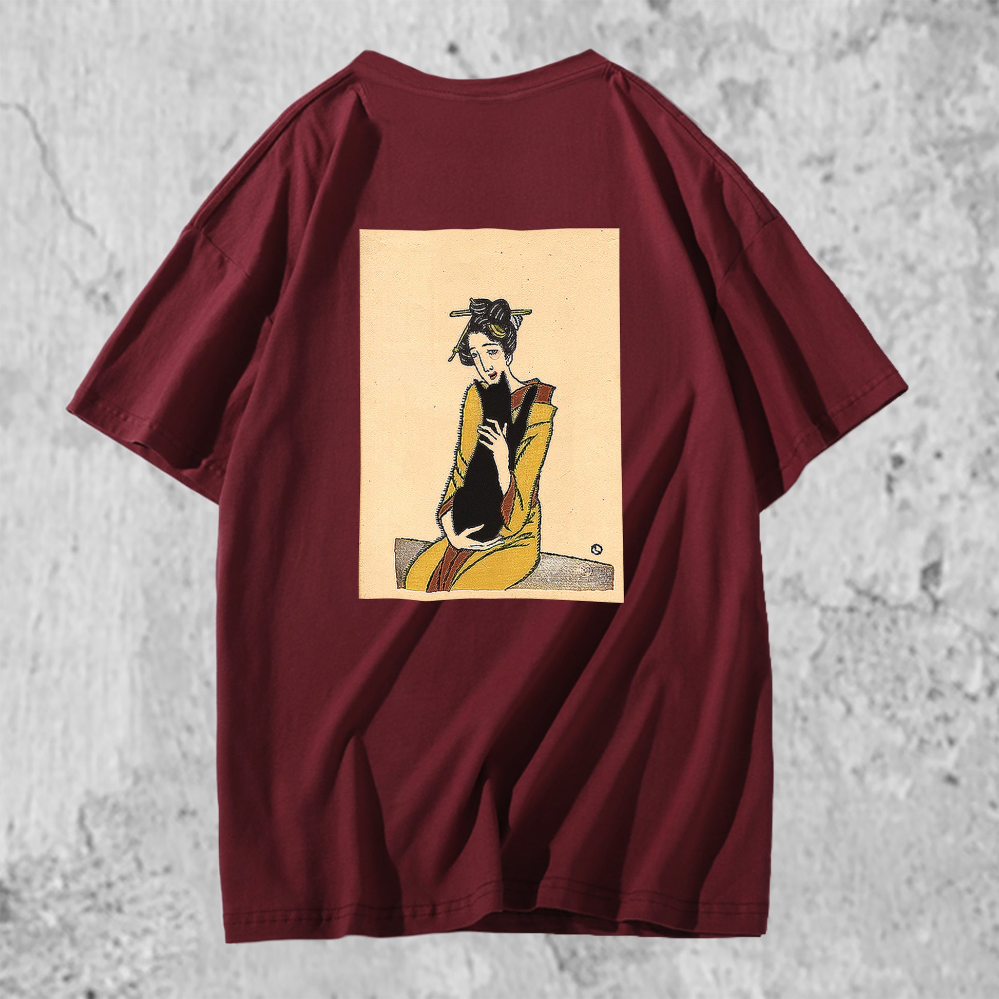 黒猫を抱く女性のイラストのTシャツのバーガンディ