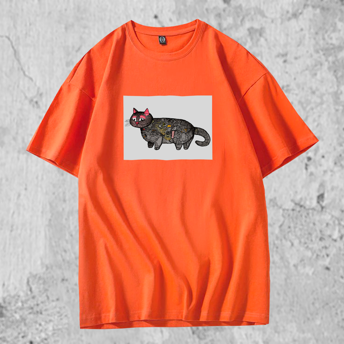 パッチワーク猫のイラストがプリントされたTシャツのオレンジ