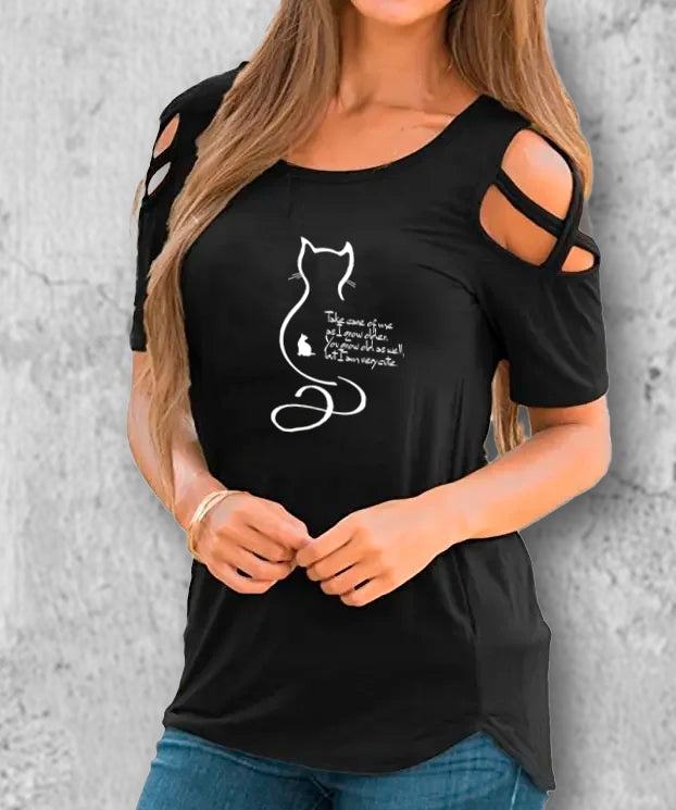 猫の十戒のイラストがプリントされたtシャツの黒