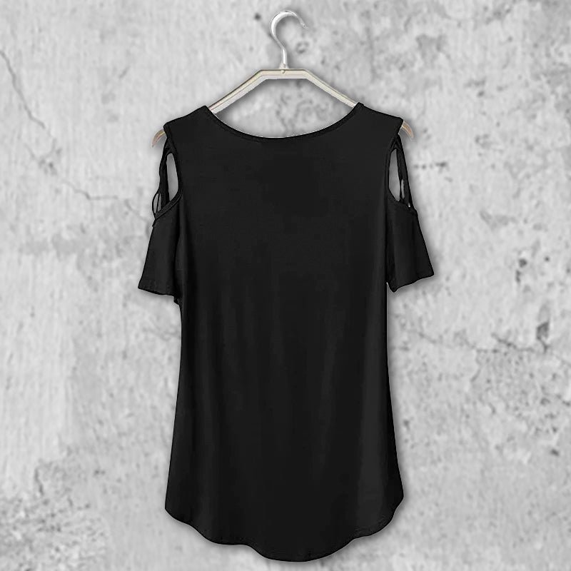 猫の十戒のイラストがプリントされたtシャツの黒の吊るしの背中