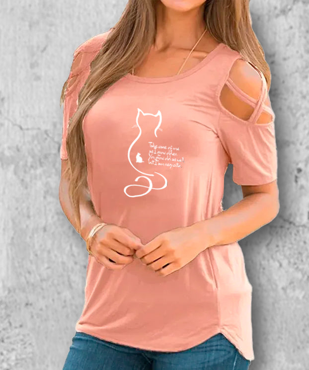 猫の十戒のイラストがプリントされたtシャツのピンク