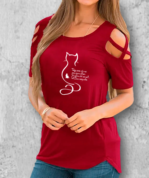 猫の十戒のイラストがプリントされたtシャツの赤