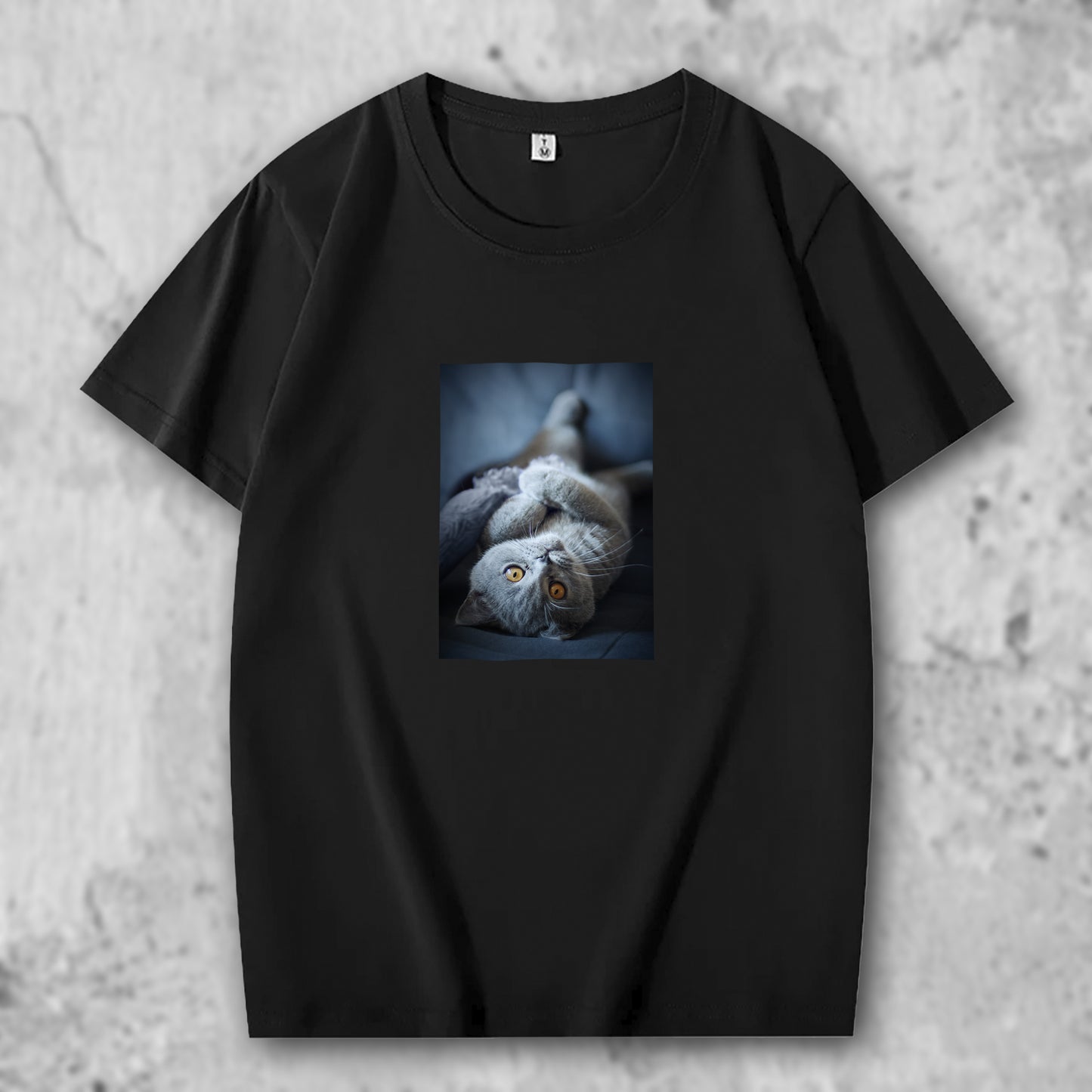 ブリティッシュショートへアの写真がプリントされたTシャツの黒