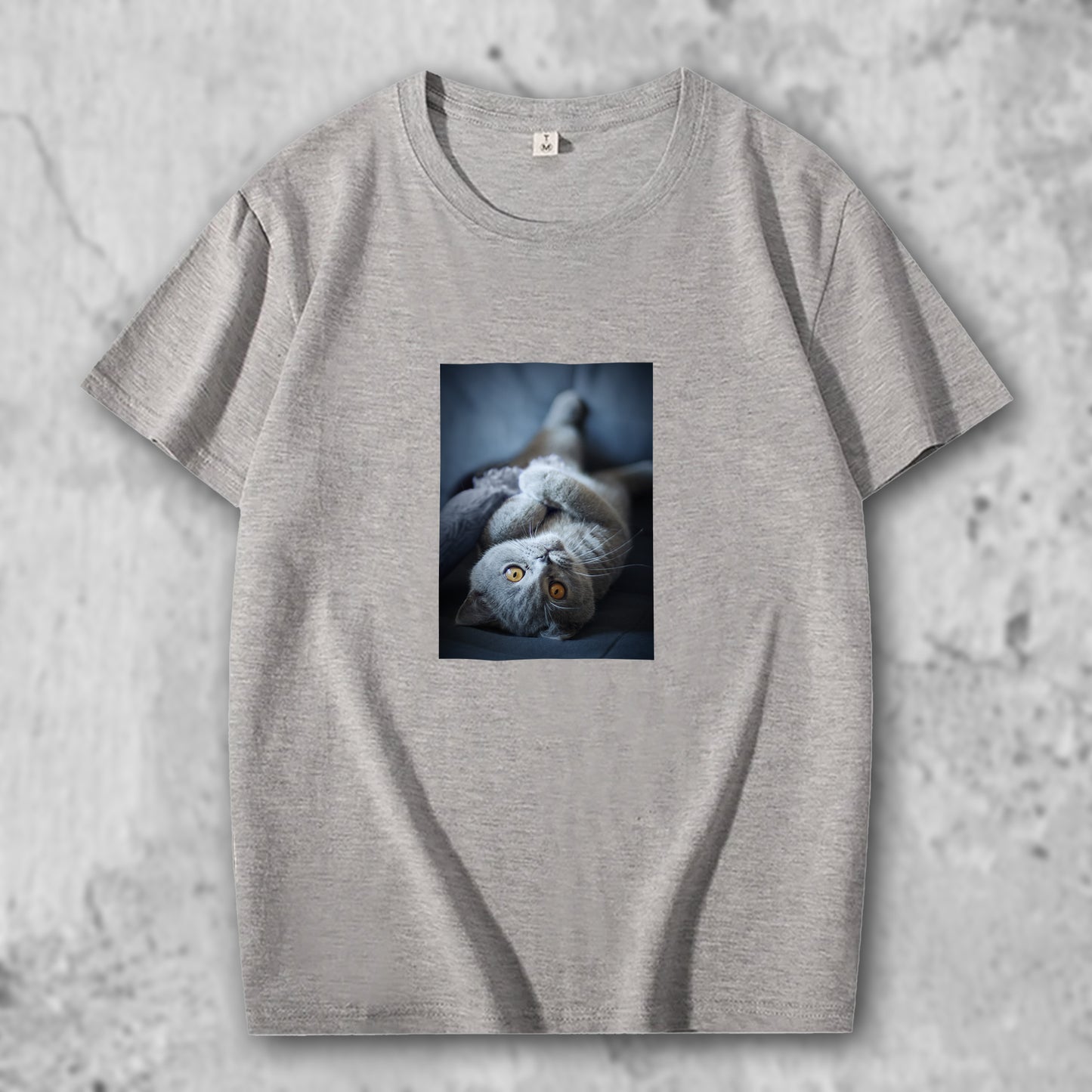ブリティッシュショートへアの写真がプリントされたTシャツのグレー