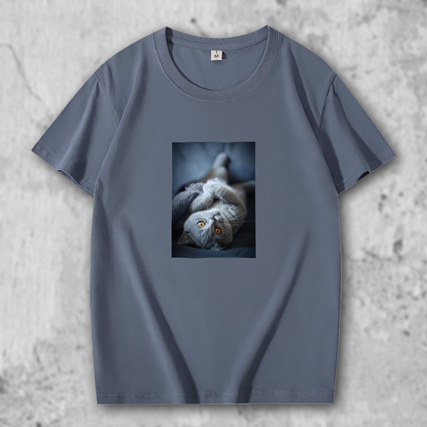 ブリティッシュショートへアの写真がプリントされたTシャツのヘイズブルー