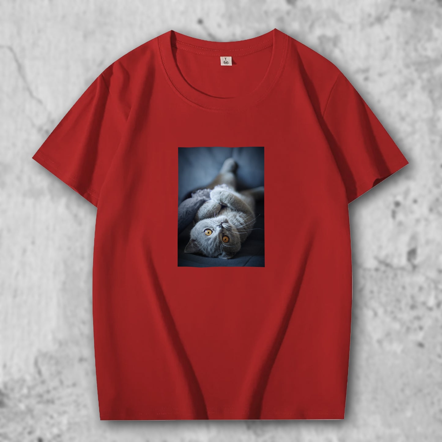 ブリティッシュショートへアの写真がプリントされたTシャツのレッド