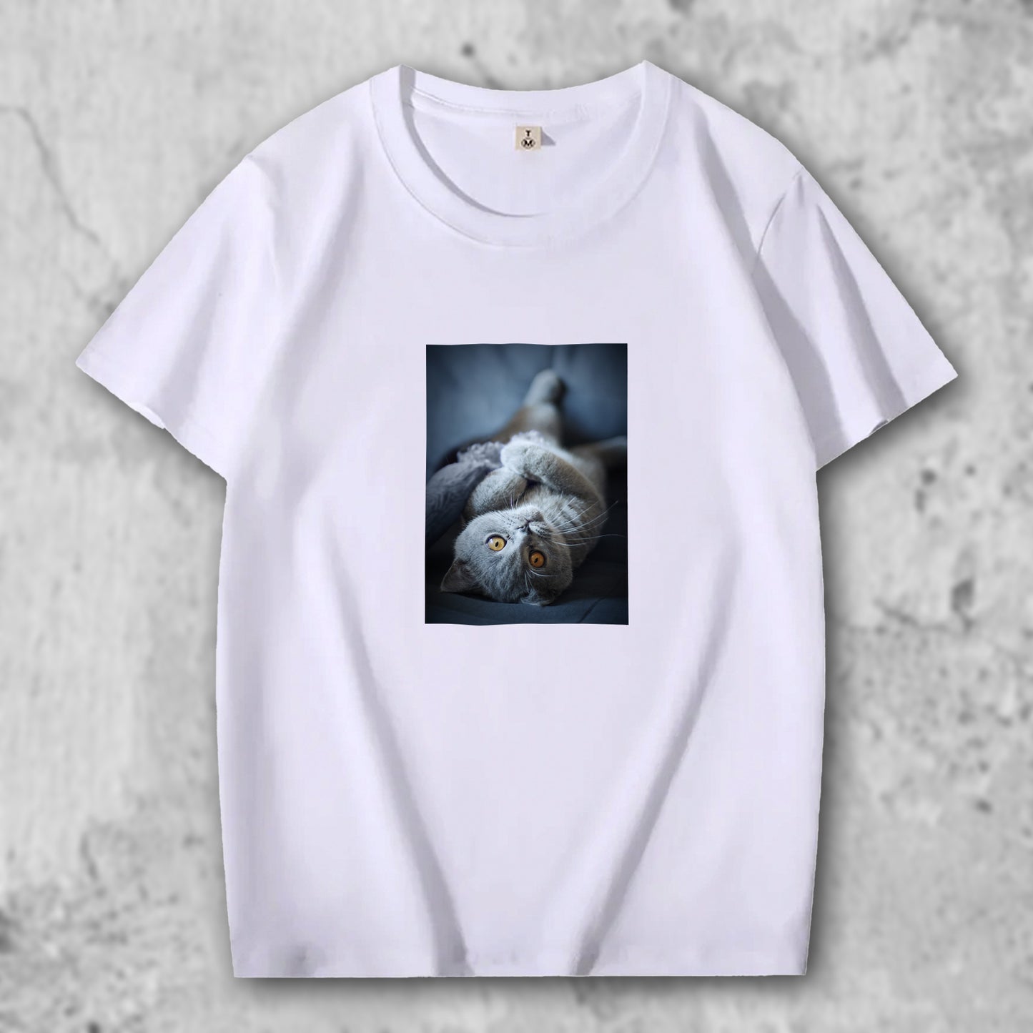 ブリティッシュショートへアの写真がプリントされたTシャツの白