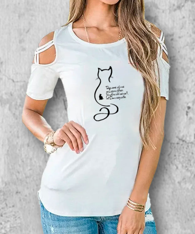 猫の十戒のイラストがプリントされたtシャツの白