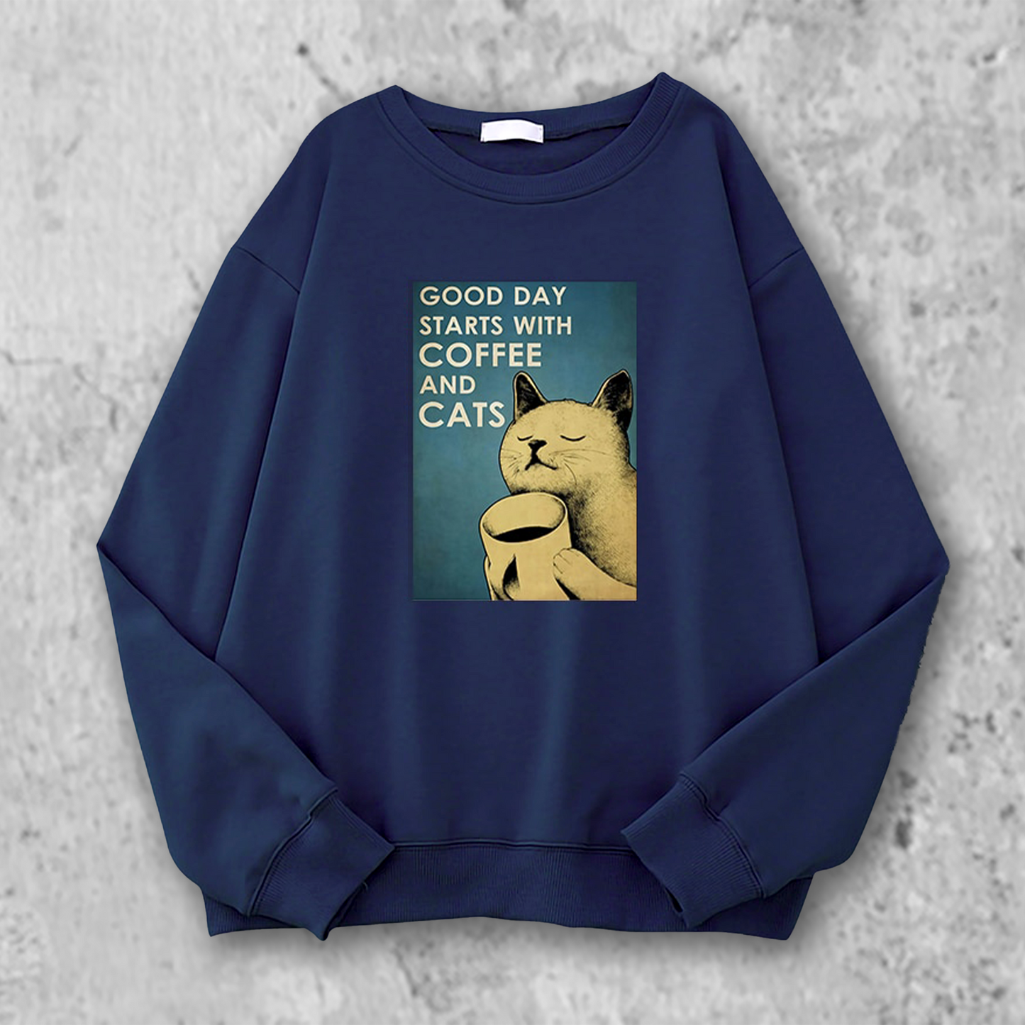猫とコーヒーのイラストのスエットシャツのダークブルー