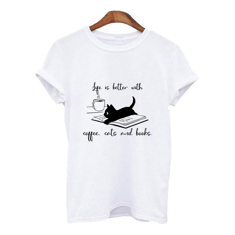 猫とコーヒーのイラストのTシャツの白抜き画像