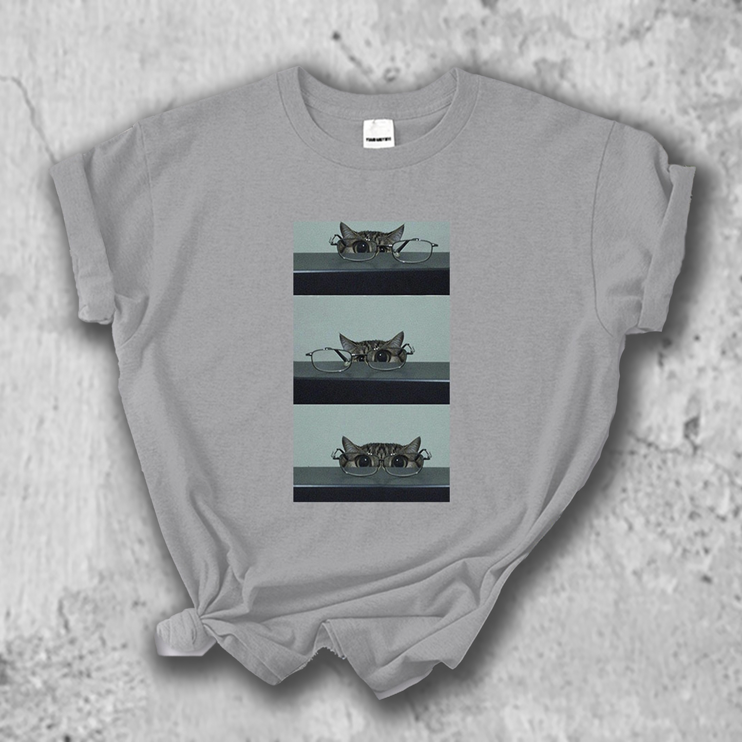 メガネで遊ぶ猫の写真のTシャツのグレー