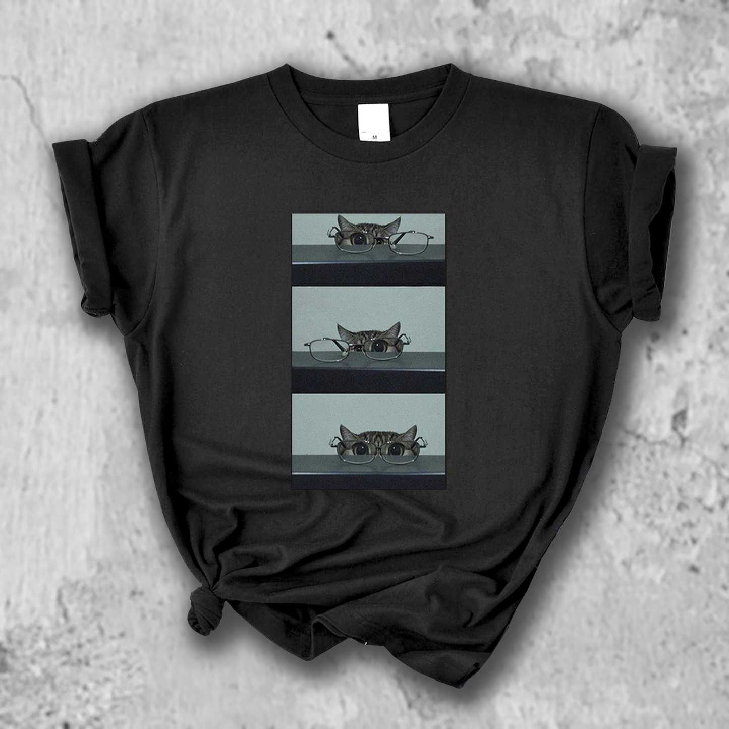メガネで遊ぶ猫の写真のTシャツの黒