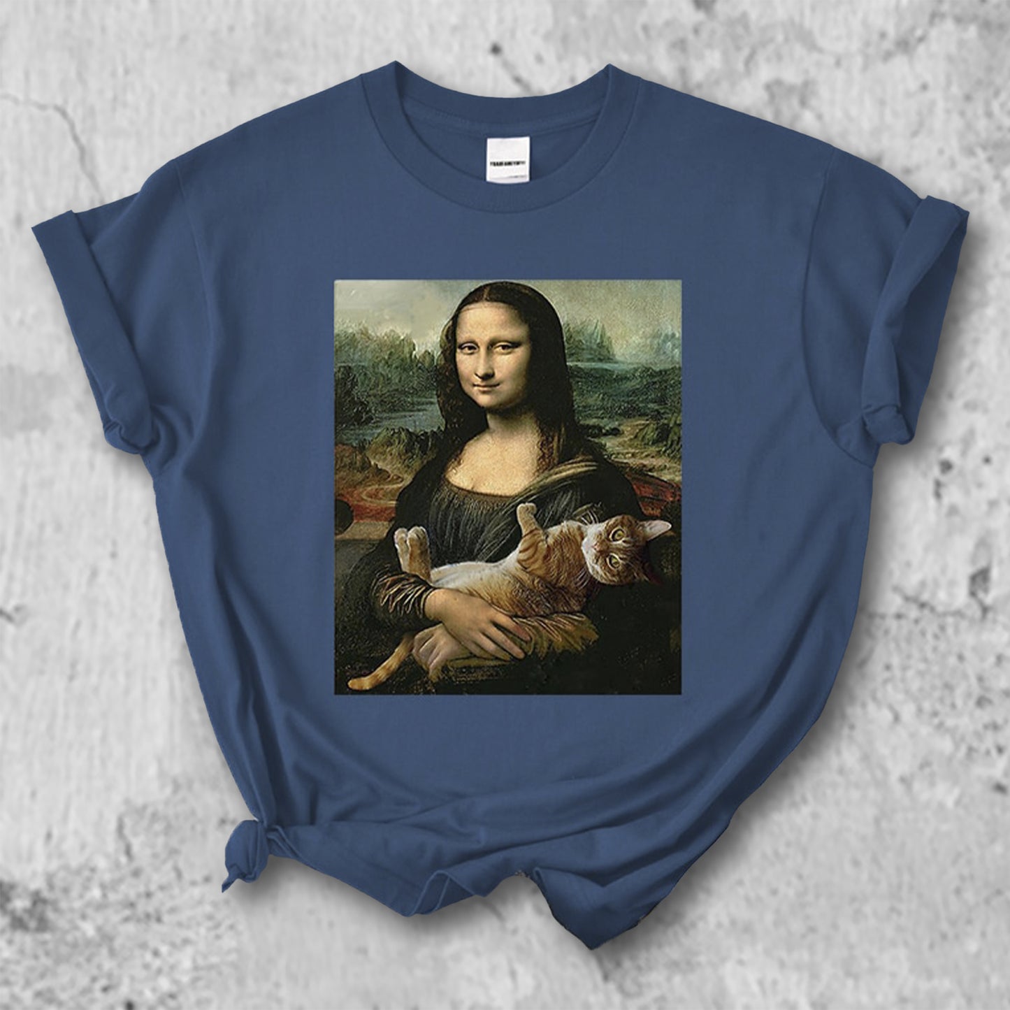 猫を抱いたモナリザのTシャツのヘイズブルー