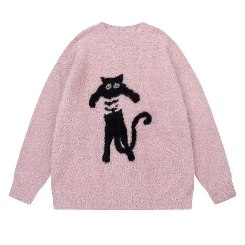 黒猫のイラストのセーターのピンク