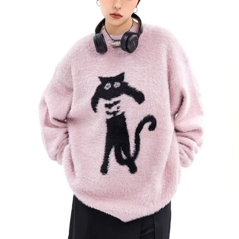 黒猫のイラストのセーターのピンク　モデルカット