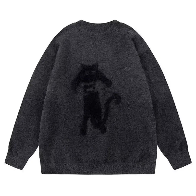 黒猫のイラストのセーターのグレー
