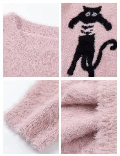 黒猫のイラストのセーターのピンクのディテール