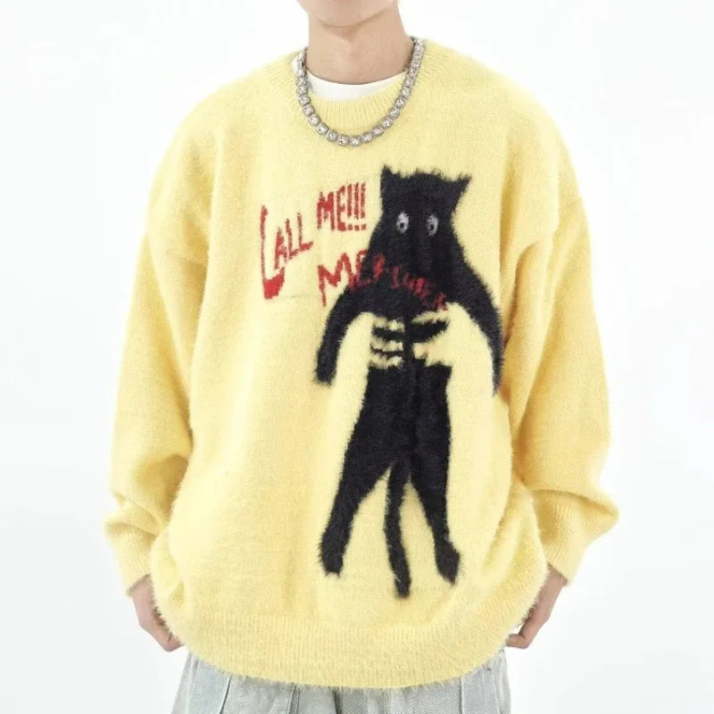 黒猫のイラストのセーターのイエロー　モデルカット