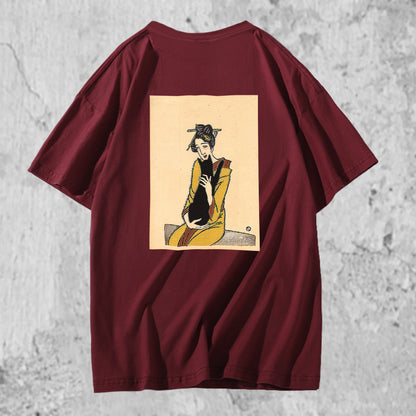 オリジナルＴシャツ バックプリント【 黒猫を抱く女･竹久夢二 】猫Ｔシャツ 猫グッズ 猫雑貨 猫プレゼント