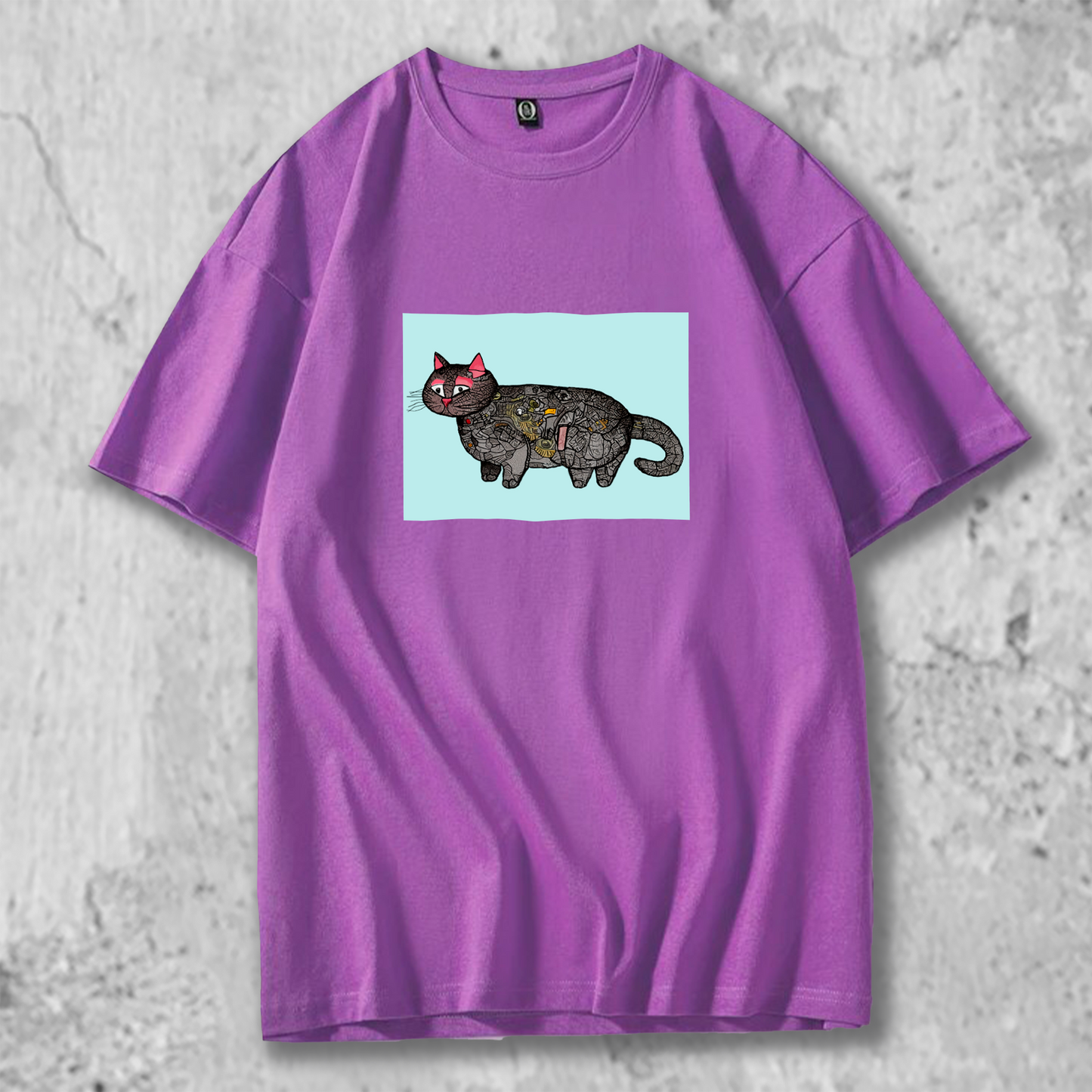 パッチワーク猫のイラストがプリントされたＴシャツの紫