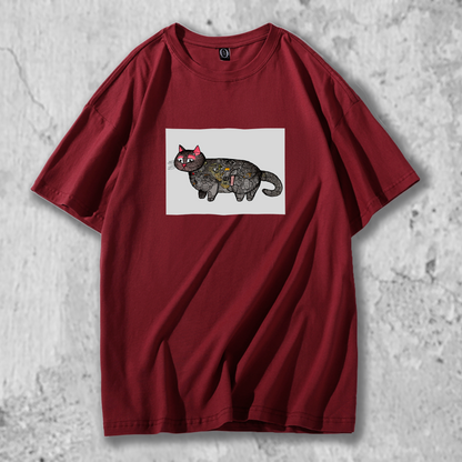 パッチワーク猫のイラストがプリントされたＴシャツの赤