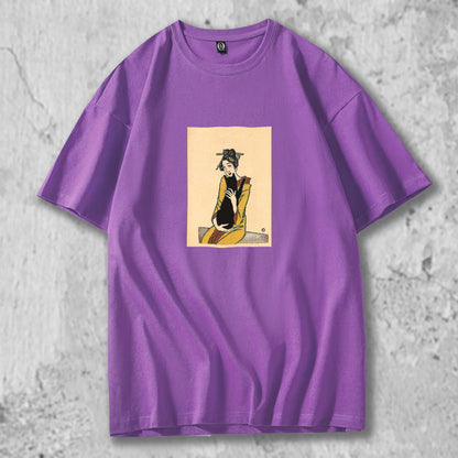 竹久夢二の黒猫を抱く女がプリントされたＴシャツの紫